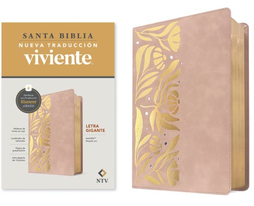 Biblia letra gigante NTV con Filament (SentiPiel, Rosado oro, Letra Roja)