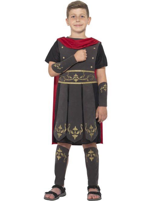 Roman Soldier Costume, Black with Tunic, Attached Cape, Arm & Leg Cuffs Medium (Age 7-9)