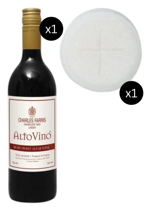 Pack of 50 Priests Communion Wafers 2.75" Single Cross & Ruby Red Communion Wine - Charles Farris