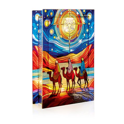 21 x 13cm Lit Three Wise Men Stained Glass Table Top with 25 Warm White LED - Double Sided - Battery Operated