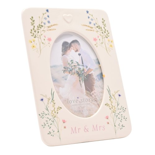 Love Story Ceramic Photo Frame 4" x 6" Floral - Mr & Mrs