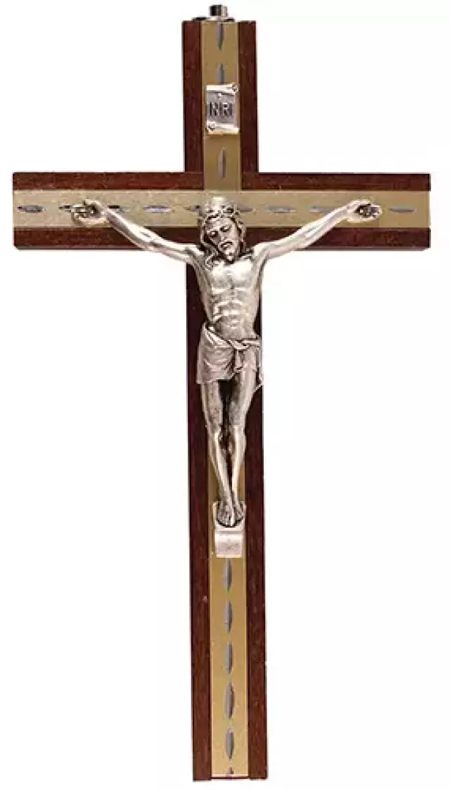 Beech Wood Crucifix 8 inch Metal Inlaid