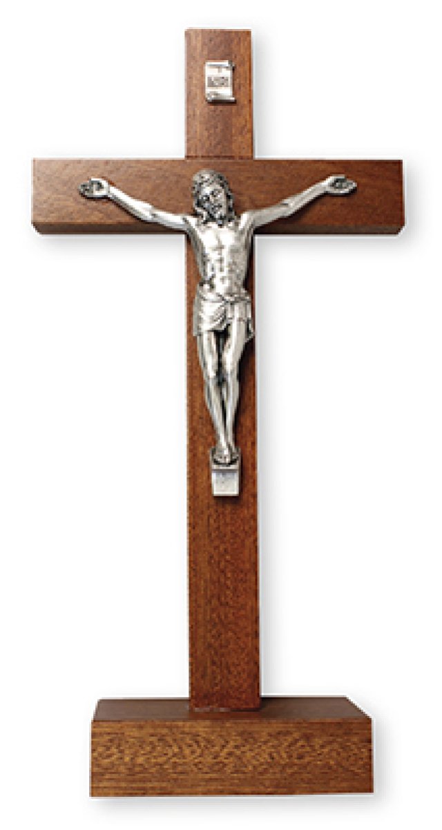 Mahogany Standing Crucifix 8 1/2 inch/Metal Corpus