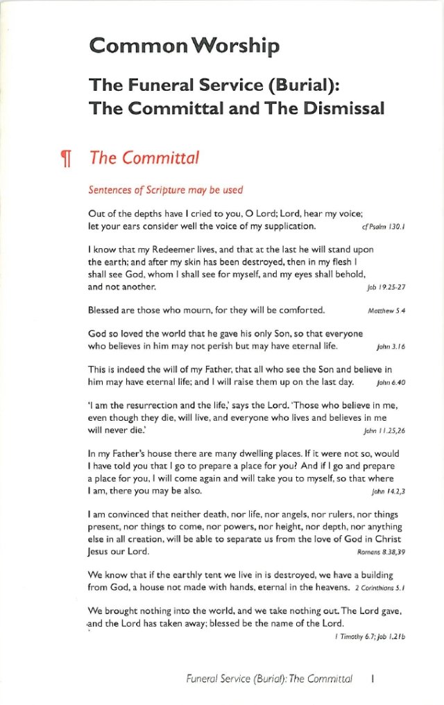 Common Worship: Committal Service Card
