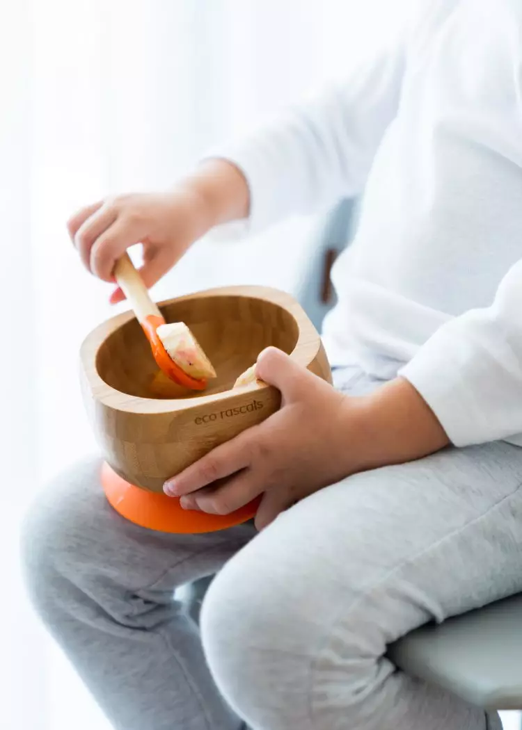 Bamboo baby suction bowl and spoon set -  Orange
