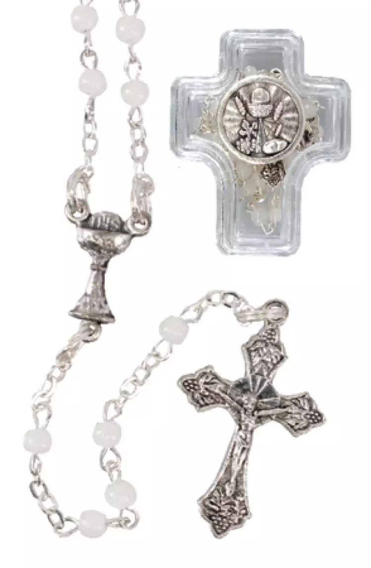 White Communion Glass Rosary