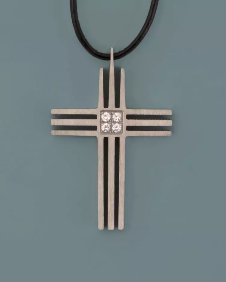 Grooved Cross & CZ Pendant on Leather Cord