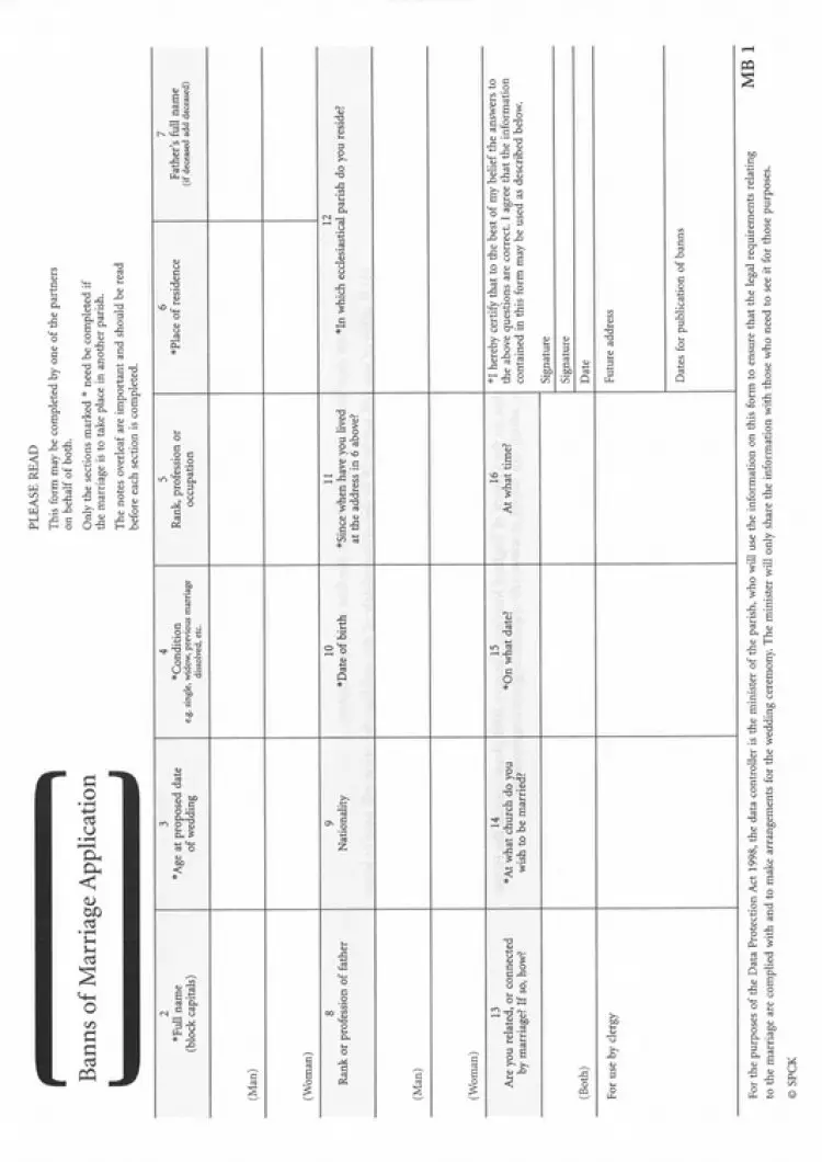 Banns of Marriage Application MB 1 : Pack of 50 Forms