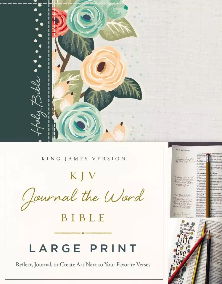 KJV, Journal the Word Bible, Large Print, Hardcover, Green Floral Cloth, Red Letter Edition