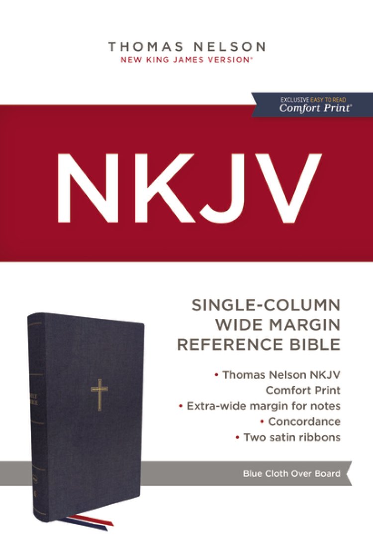 NKJV, Single-Column Wide-Margin Reference Bible, Cloth over Board, Blue, Red Letter, Comfort Print