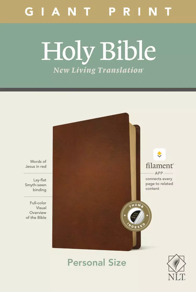 NLT Personal Size Giant Print Bible, Filament-Enabled Edition (Genuine Leather, Brown, Indexed, Red Letter)