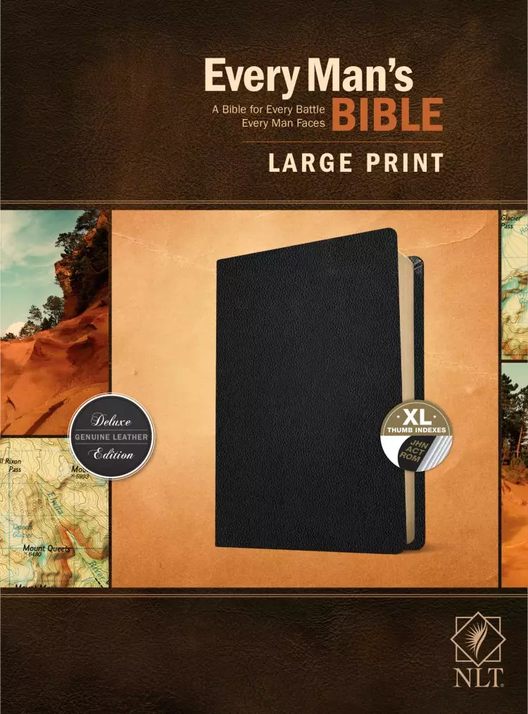NLT Every Man's Bible, Black, Leather, Large Print, Thumb Indexed, Study Notes, Articles, Book Introductions, Biblical People Profiles, Advice from Christian Leaders