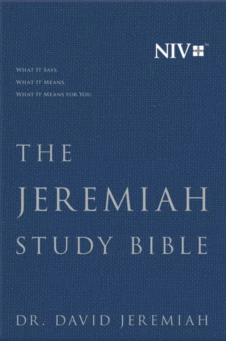 David Jeremiah NIV Study Bible, Navy, Cloth Over Board, Footnotes, Red Letter, Articles, Book Introductions, Cross-References, Concordance, Maps, Topical Index