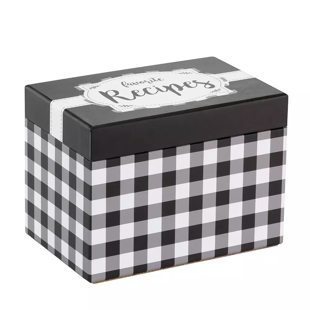 Recipe Box-Black & White Check w/40 Recipe Cards & 12 Dividers (6" x 4")