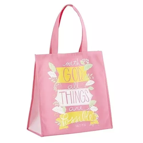 Tote Bag-With God All Things Are Possible (Matthew 19:26)-Pink (13"" Sq/6"" Gusset)-Nylon