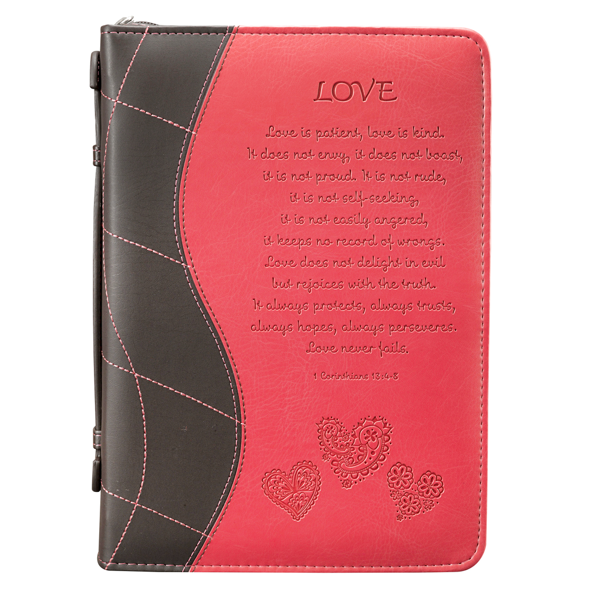 XL  Love Is Pink Faux Leather Bible Cover w/ Handle, 2 Corinthians 13