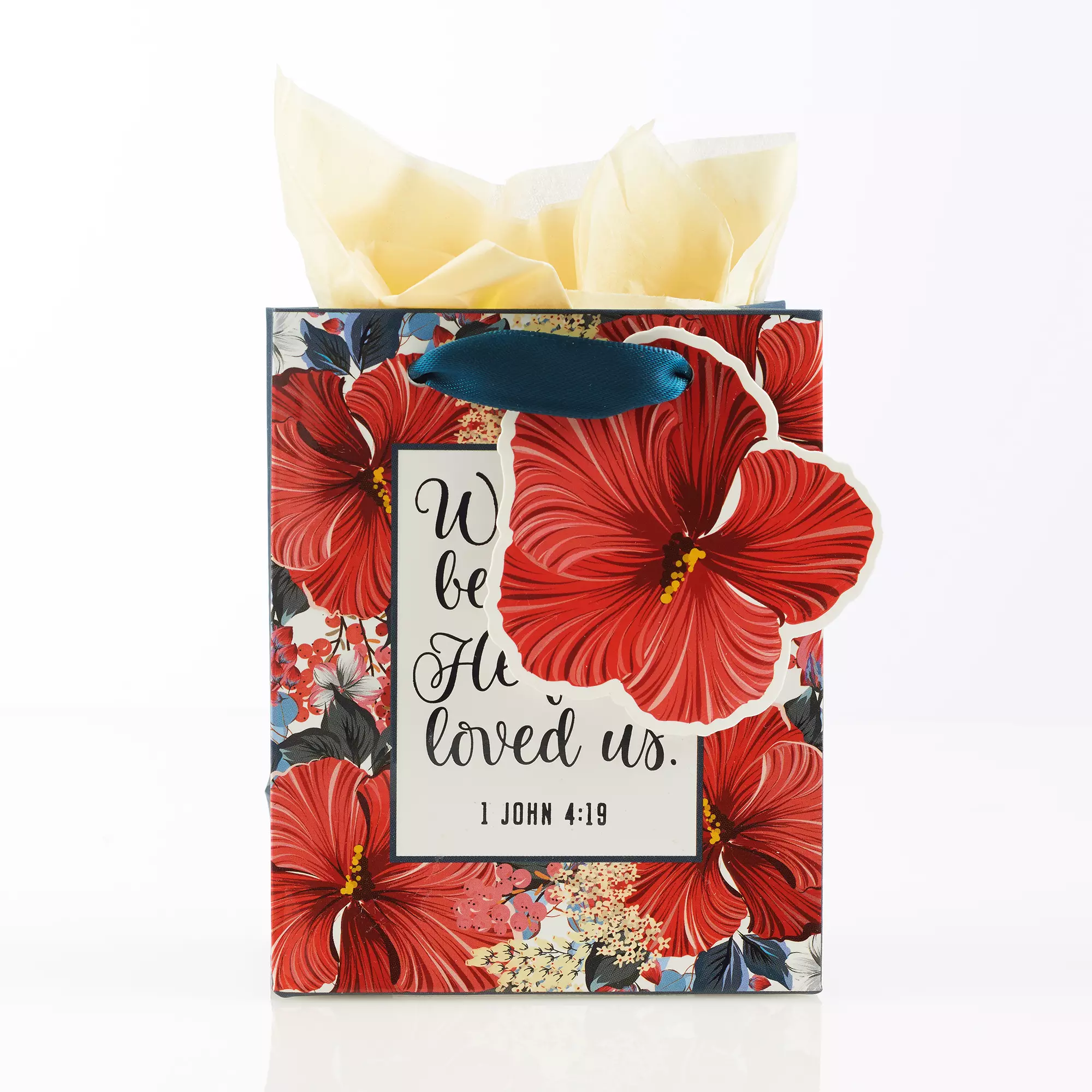 Red Floral Gift Bag w/Tissue Paper: He First Loved US - 1 John 4:19, Extra Small