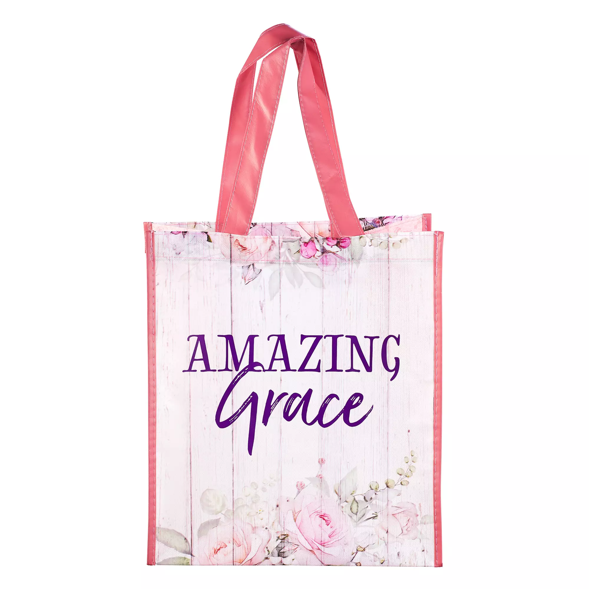 Christian Art Gifts Reusable Shopping Tote for Women: Amazing Grace - Full-color Double Sided Floral Inspirational, Durable, Easy Carry Handbag for Groceries, Books, Supplies, Pastel Pink/White/Purple