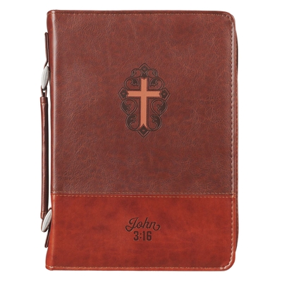 Large Cross John 3:16, Brown Faux Leather Classic Bible Cover