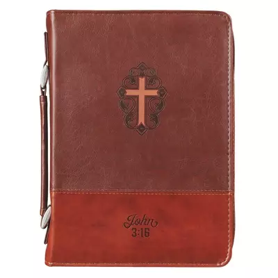 Large Cross John 3:16, Brown Faux Leather Classic Bible Cover