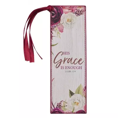 Bookmark Faux Leather Burgundy/Floral Printed His Grace 2 Cor. 12:9