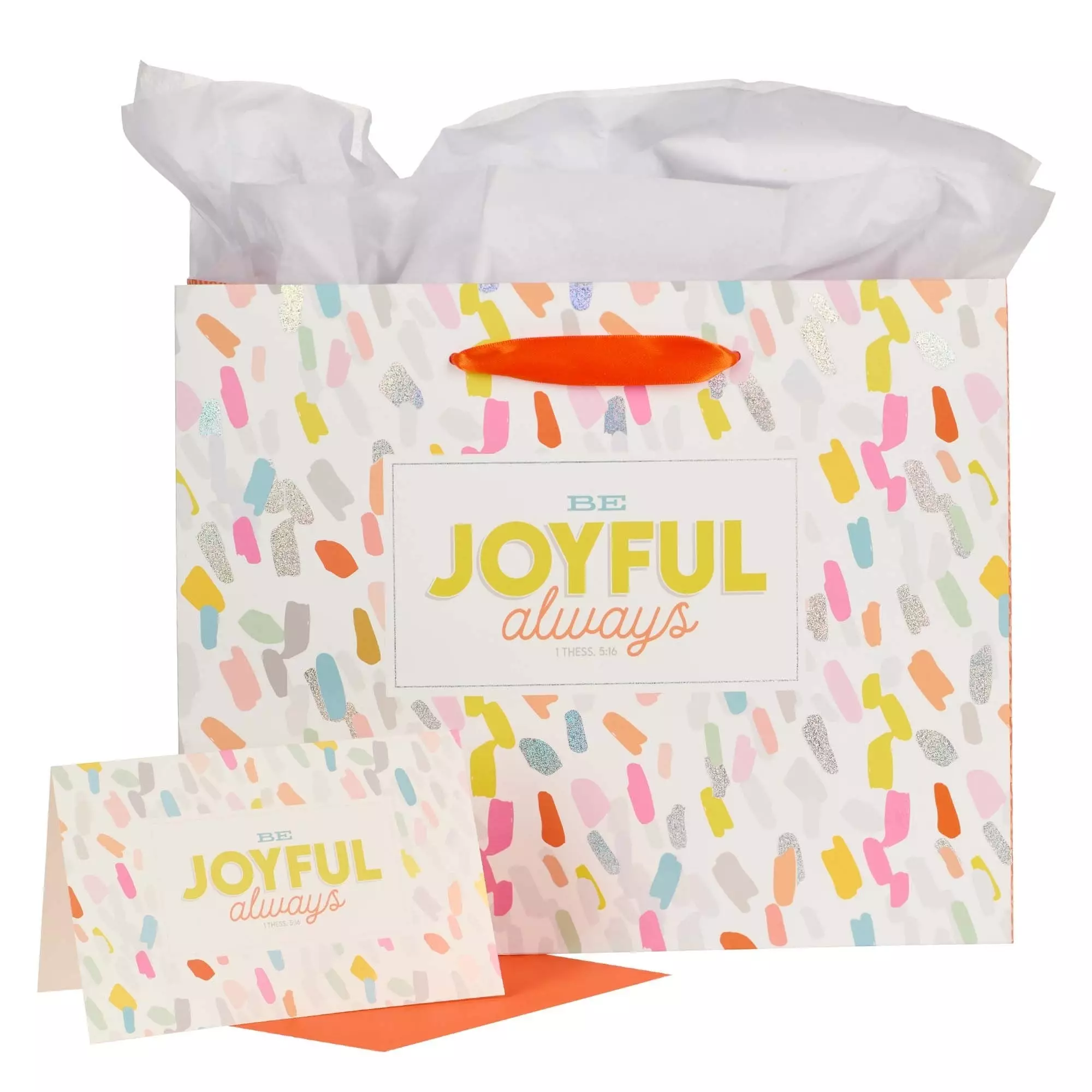 Orange Confetti Gift Bag, Card, & Tissue Paper Joyful Always 1 Thes. 5:16, Large