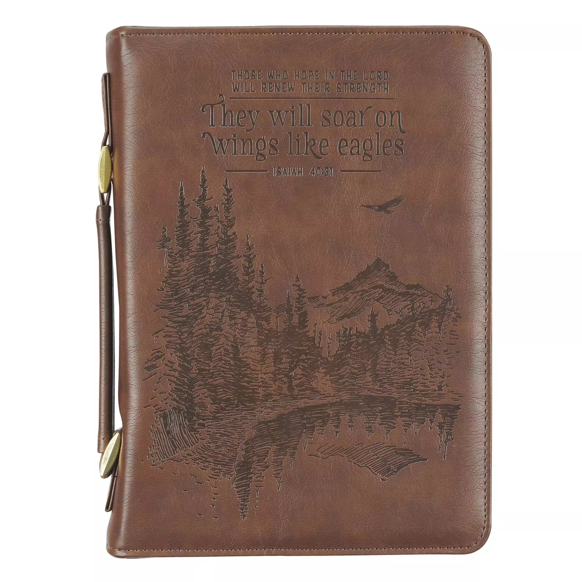 Large Men's  On Wings Like Eagles Mountain , Brown Faux Leather,Classic Bible Cover - Isaiah 40:31