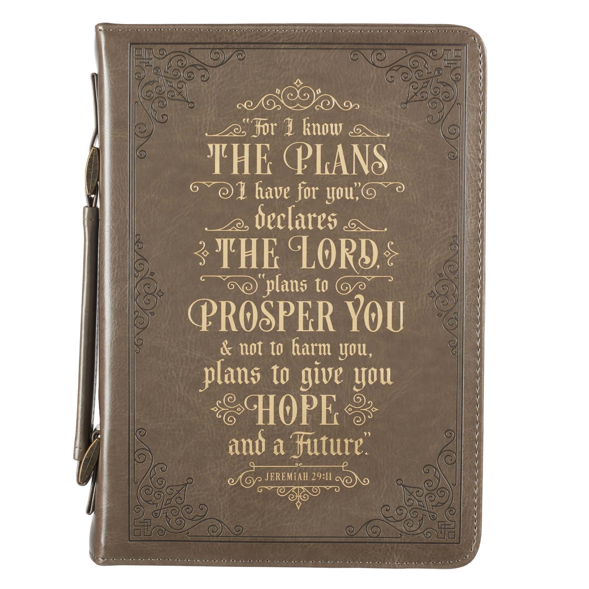 Large "For I know the Plans" Brown Faux Leather Classic Bible Cover - Jeremiah 29:11