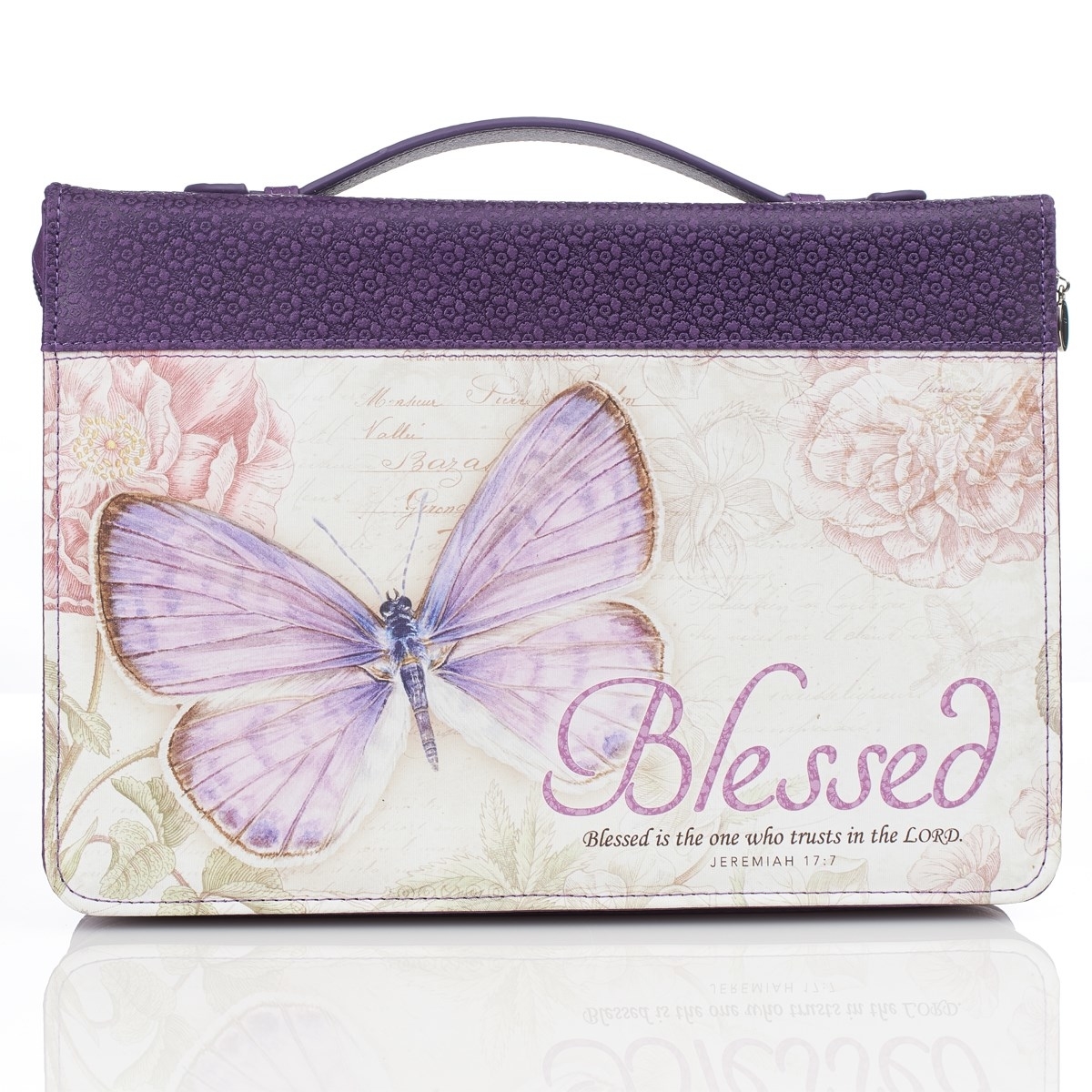 Extra Large Blessed Butterfly, Purple Floral Faux Leather, XL Bible Cover - Jeremiah 17:7XL