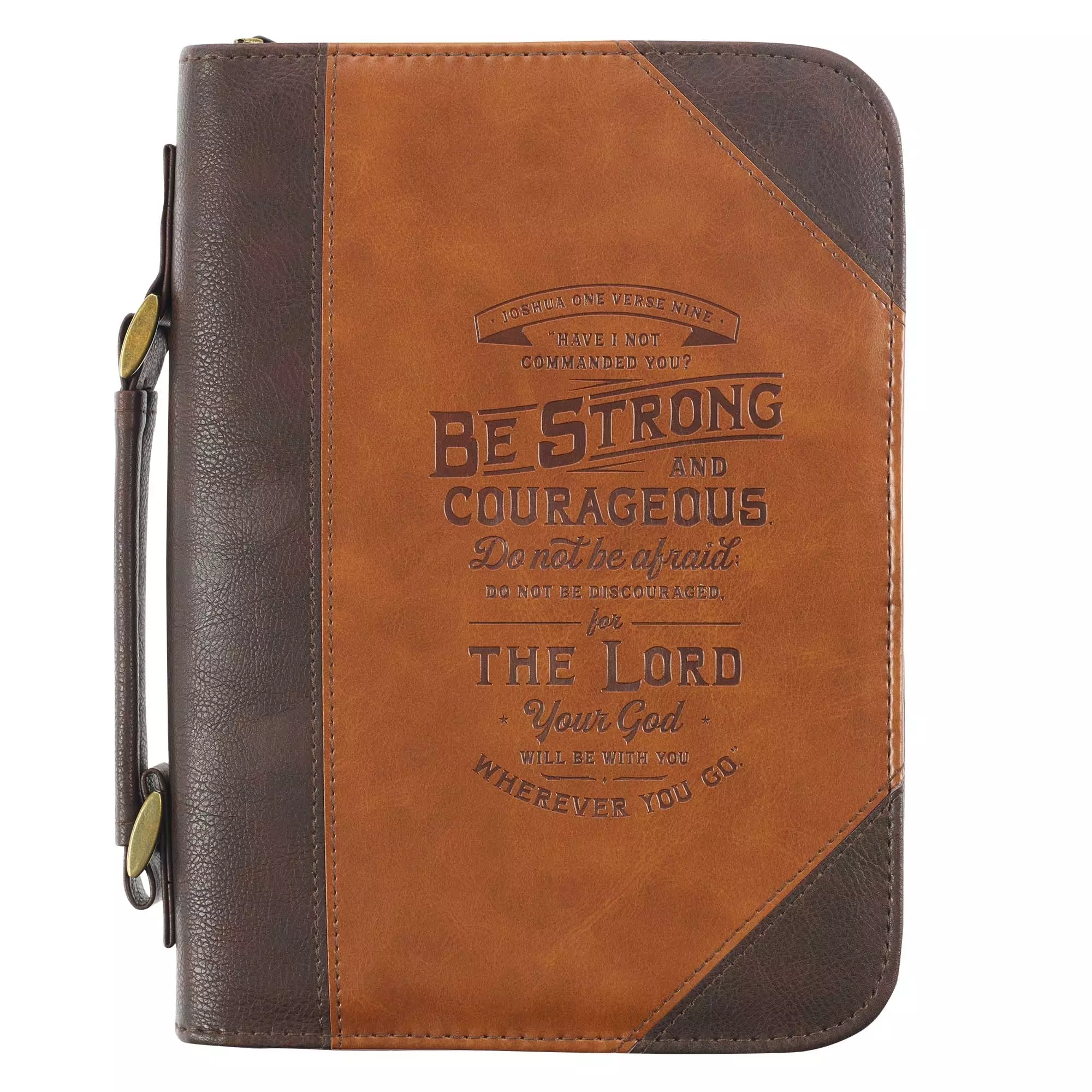 Large Be Strong and Courageous  Saddle Tan/Brown Faux Leather, Bible Cover, Joshua 1:9
