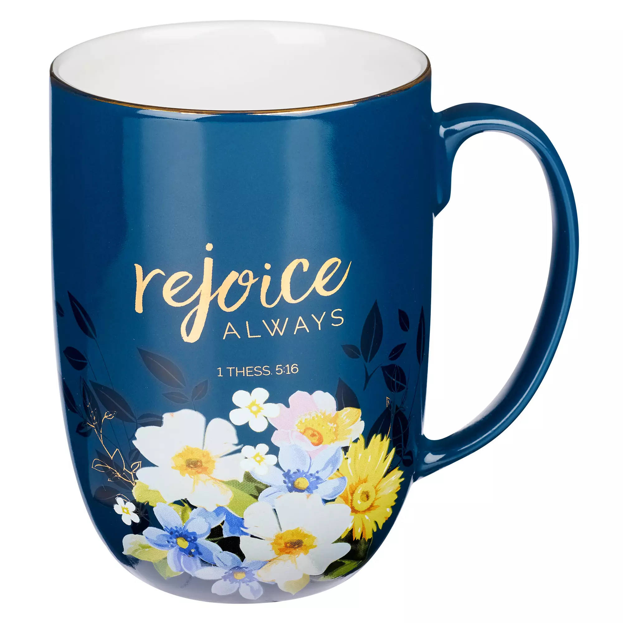Mug White/Navy Floral Rejoice Always 1 Thess. 5:16