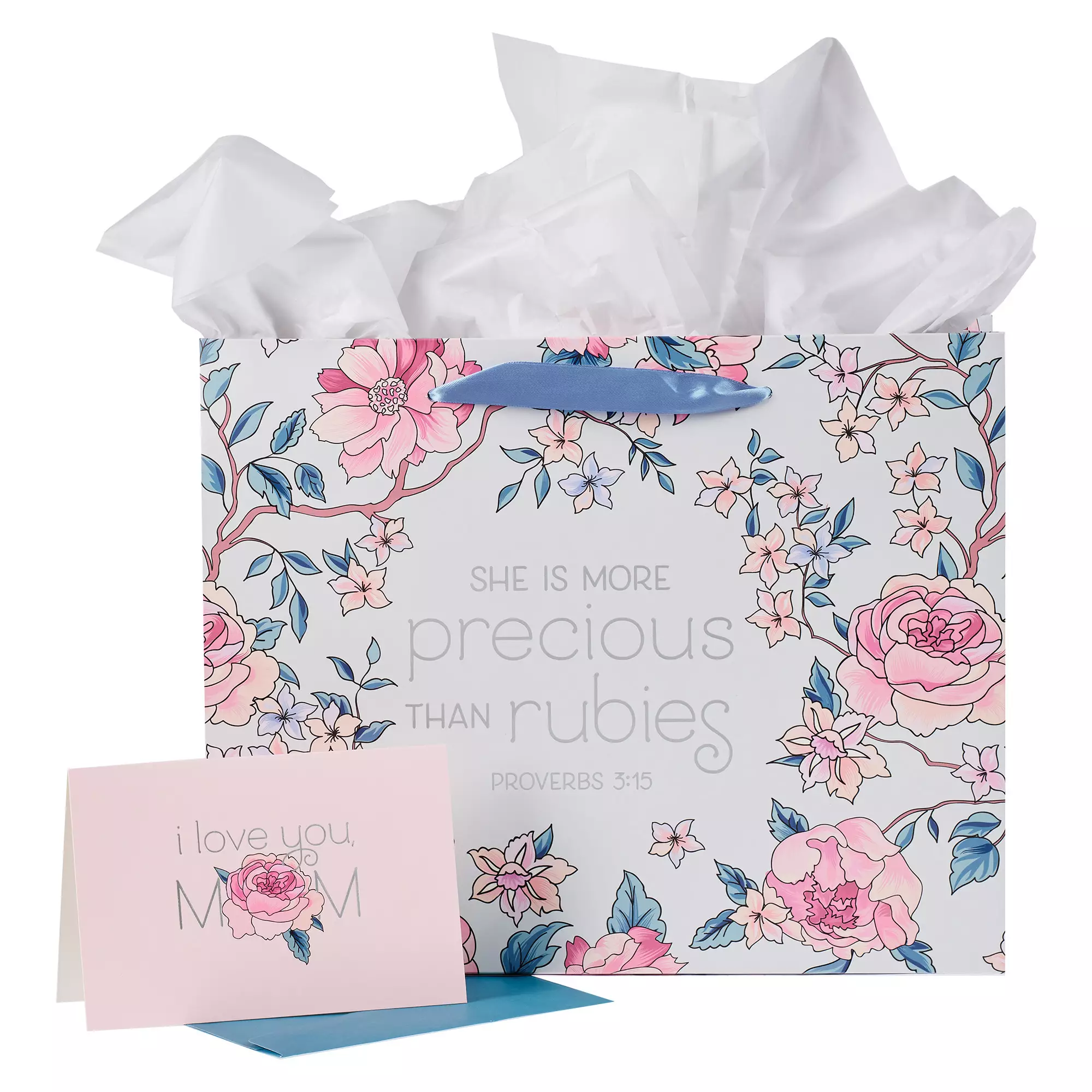 Christian Art Gifts Landscape Gift Bag with Card and Tissue Paper Set: More Precious Than Rubies - Proverbs 3:15, Pink, Large