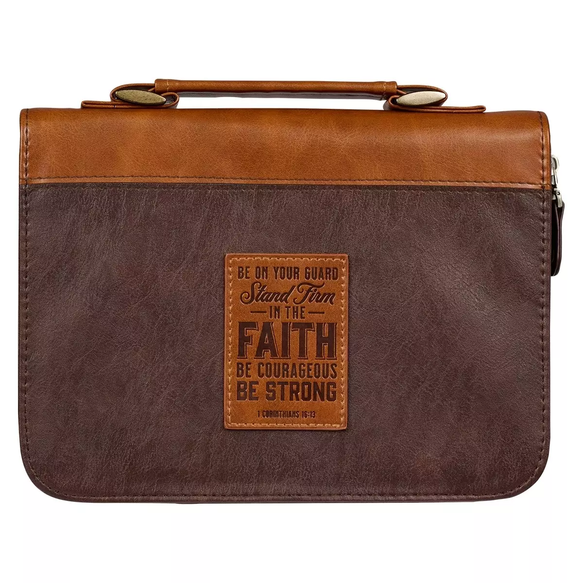 Large  Stand Firm in the Faith Two Tone Brown Classic Faux Leather Bible Cover - 1 Corinthians 16:13