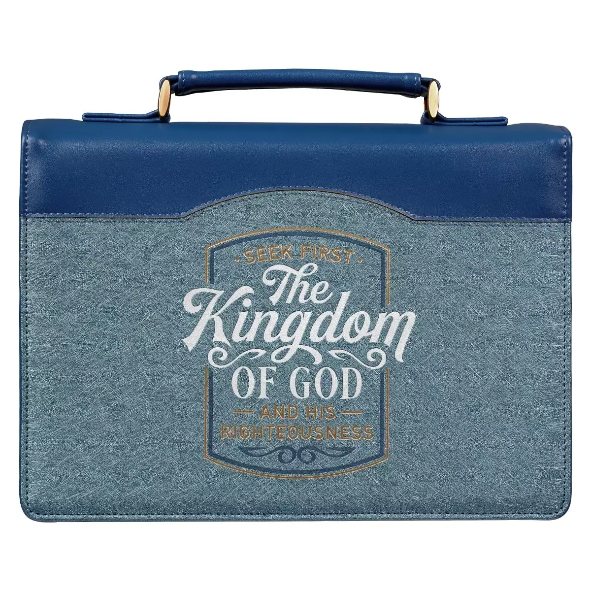 Large Seek First the Kingdom of God Metallic Blue Vegan Leather Fashion Bible Cover  - Matthew 6:33