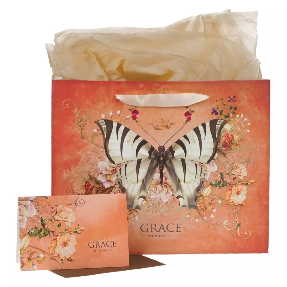 Grace - Ephesians 2:8 Red Large Landscape Gift Bag w/Card & Tissue Paper Set