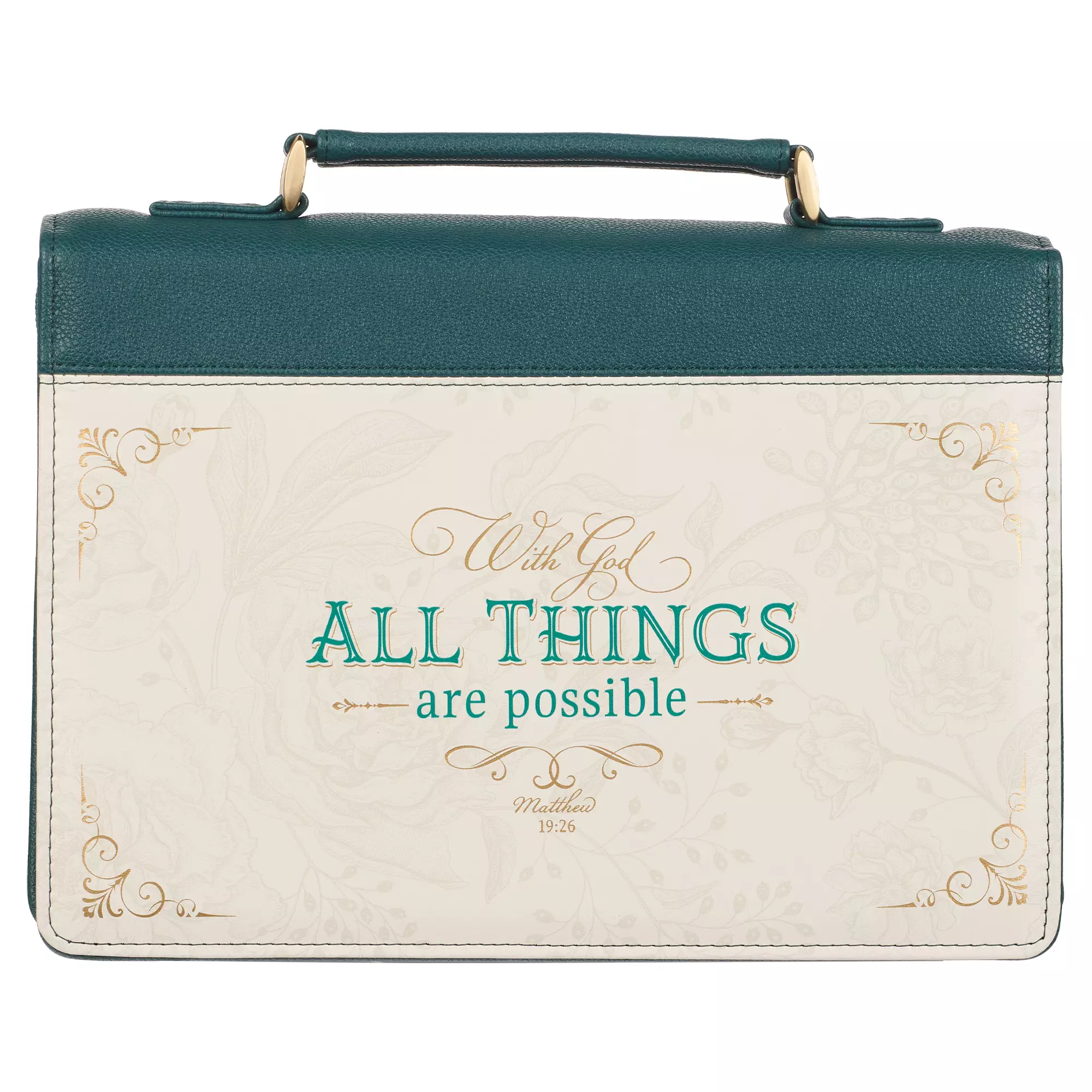 Large All Things are Possible Teal Bible Cover- Mat. 19:26  Gold Zip,