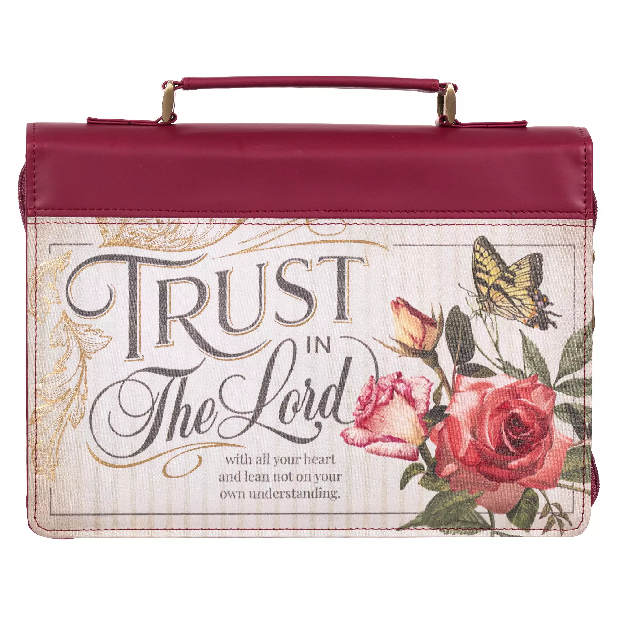 Medium Trust in the Lord Maroon Vintage Red Floral Vegan Leather Fashion Bible Cover - Proverbs 3:5