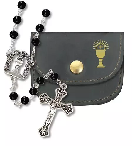 Imitation Black Pearl Communion Rosary In Purse