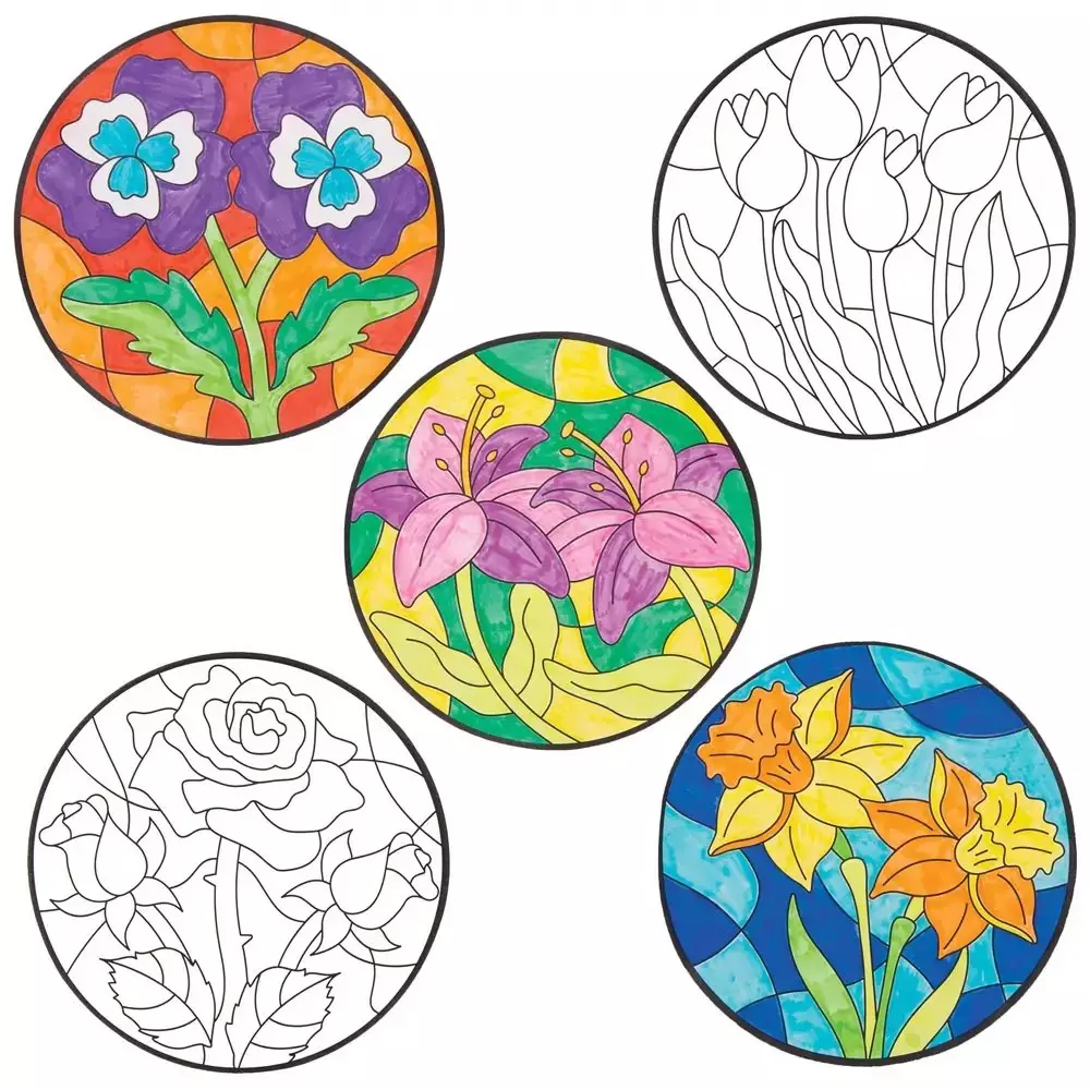 Flower Colour-in Window Decorations - Pack of 12