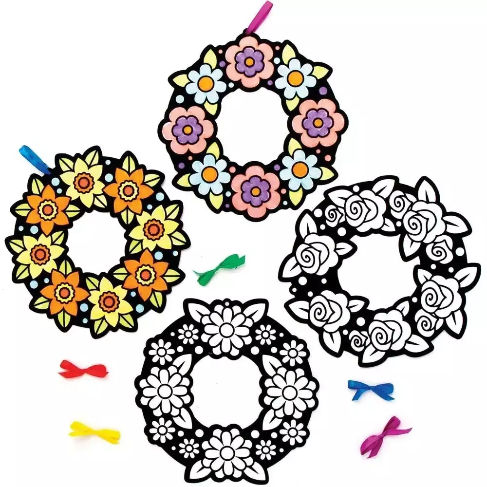 Flower Colour-in Fuzzy Art Wreaths - Pack of 10