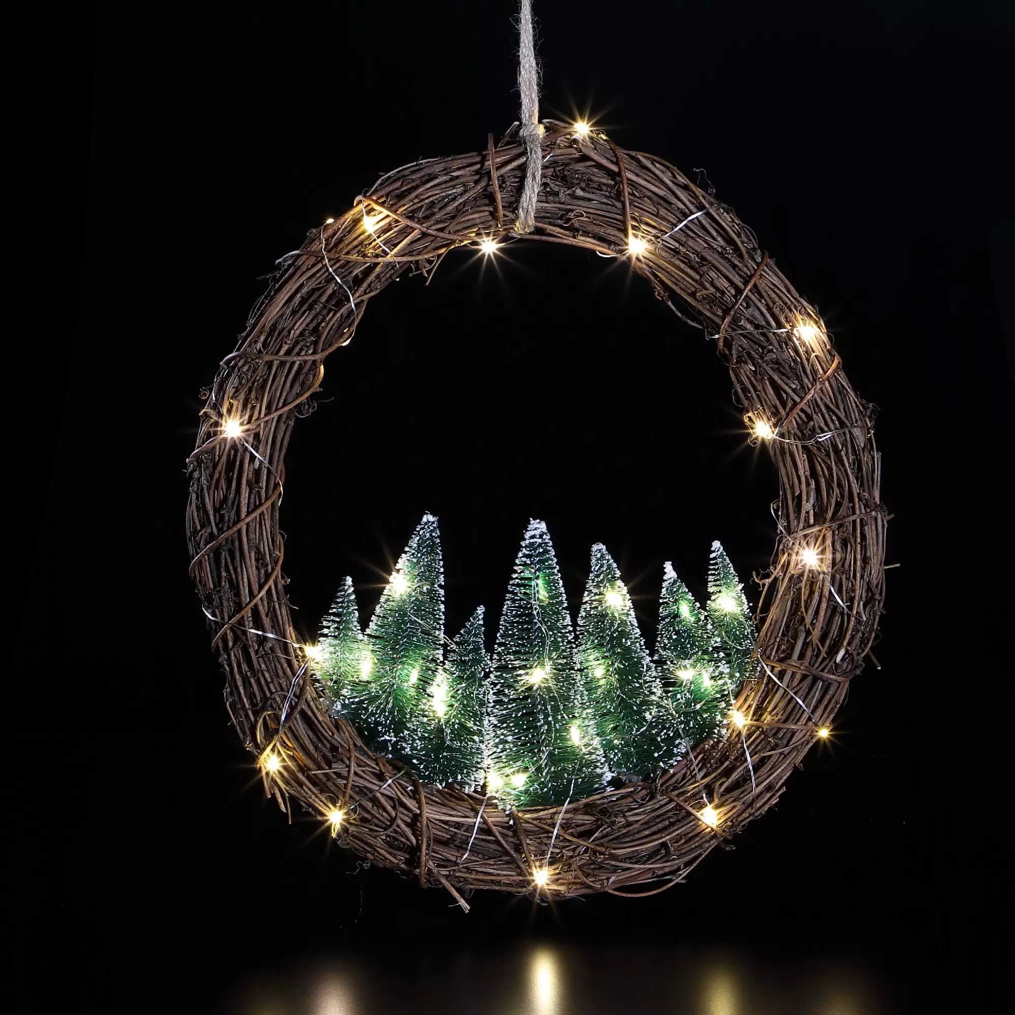 Rattan Hanging Wreath with Bristle Trees With Warm White Lights