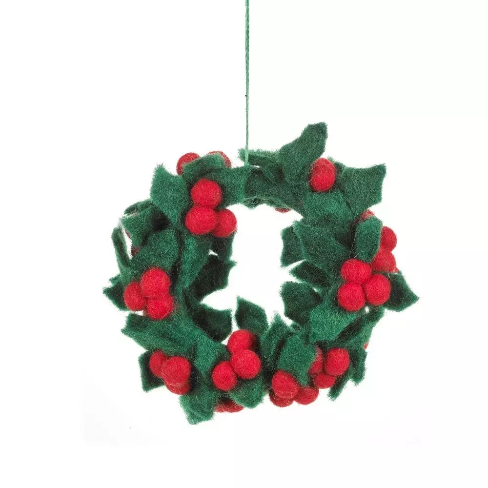 Handmade Felt Fair trade Holly Mini Wreath Christmas Decoration