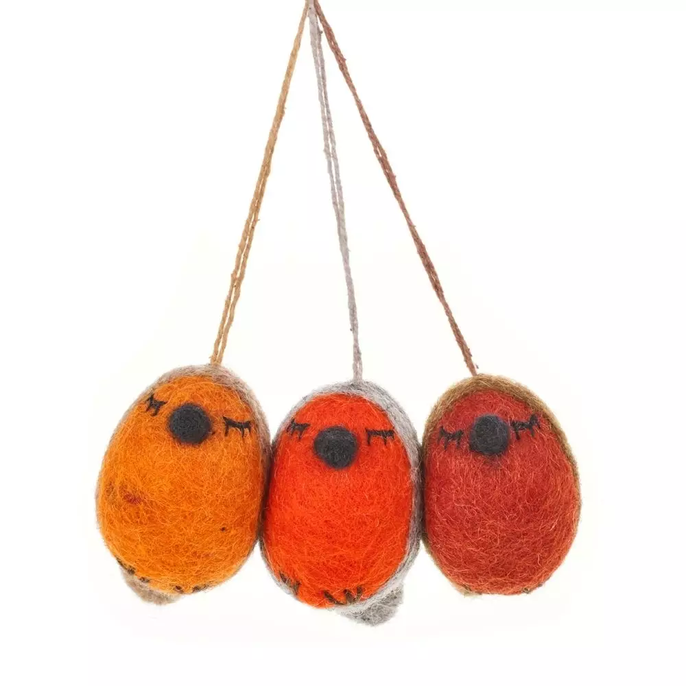 Handmade Whimsical Winter Robins (Set of 3) Hanging Biodegradable Christmas Tree Decorations