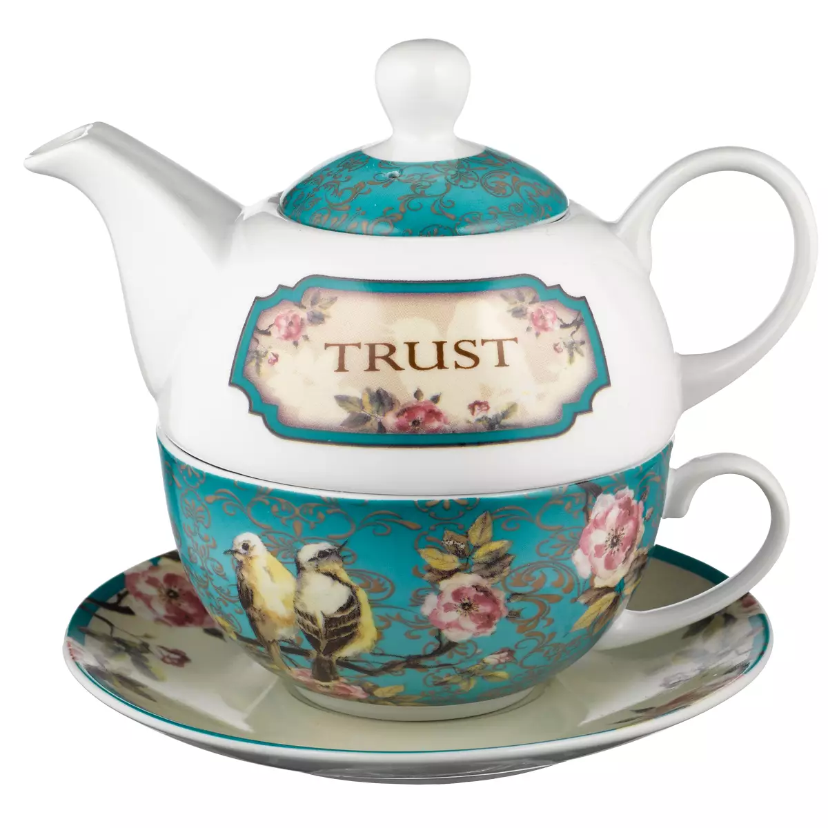 Tea for One Teal Vintage Birds Trust Prov. 3:5