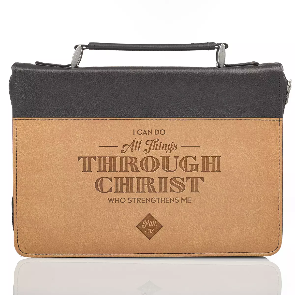 Medium All Things Through Christ Tan Faux Leather Bible Cover - Philippians 4:13