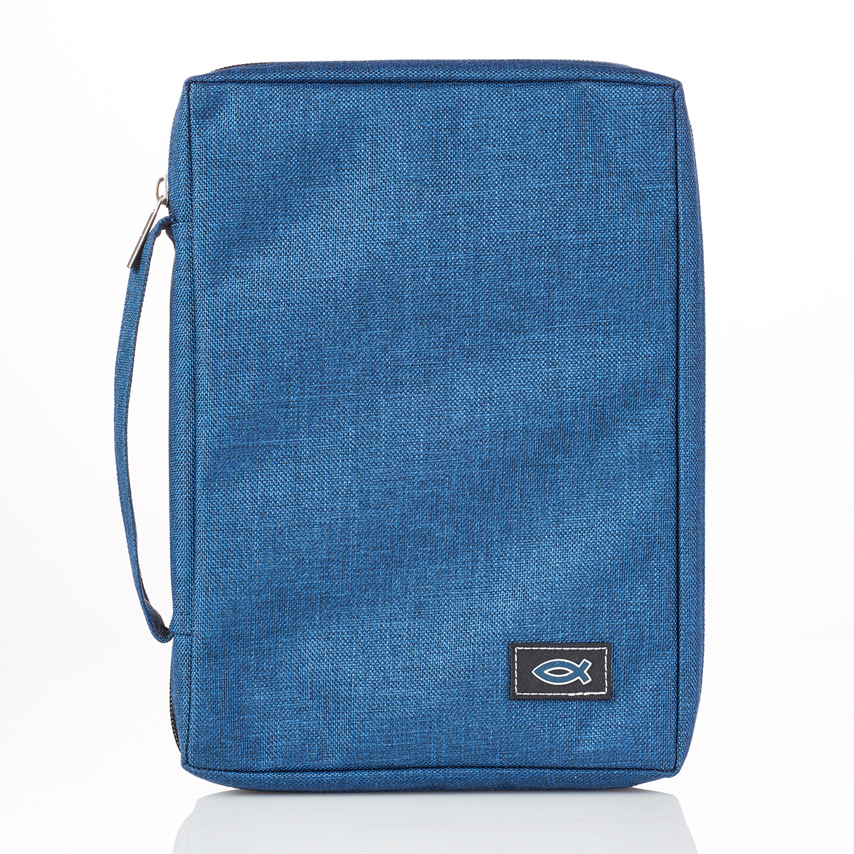 Blue Poly-canvas Bible Cover with Ichthus Fish Badge Small