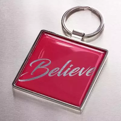 Christian Art Gifts Metal Epoxy Keyring for Women and Men: Believe - With God all Things are Possible - Matthew 19:26 Inspirational Bible Verse Keychain of Faith, 2" Square, Red