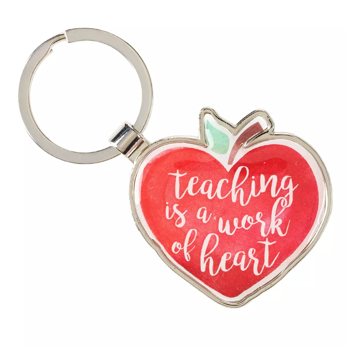 Teacher Appreciation Keychain w/Touching Message -"Teaching is a Work of the Heart" – Enameled Charm Bible Verse Colossians 3:23, Red Heart Shaped Apple Charm Key Ring