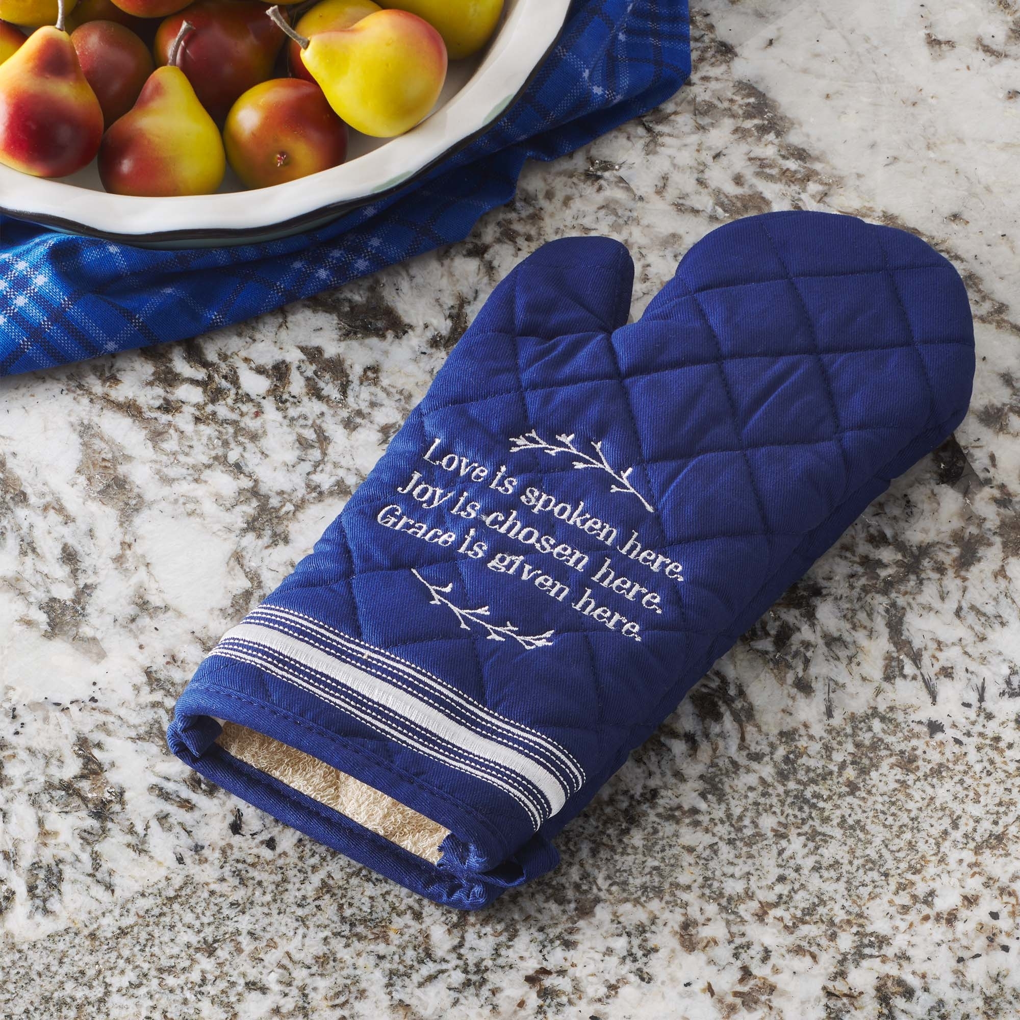 Love Is Spoken Here Quilted Blue Oven Mitt Free Delivery Eden.co.uk
