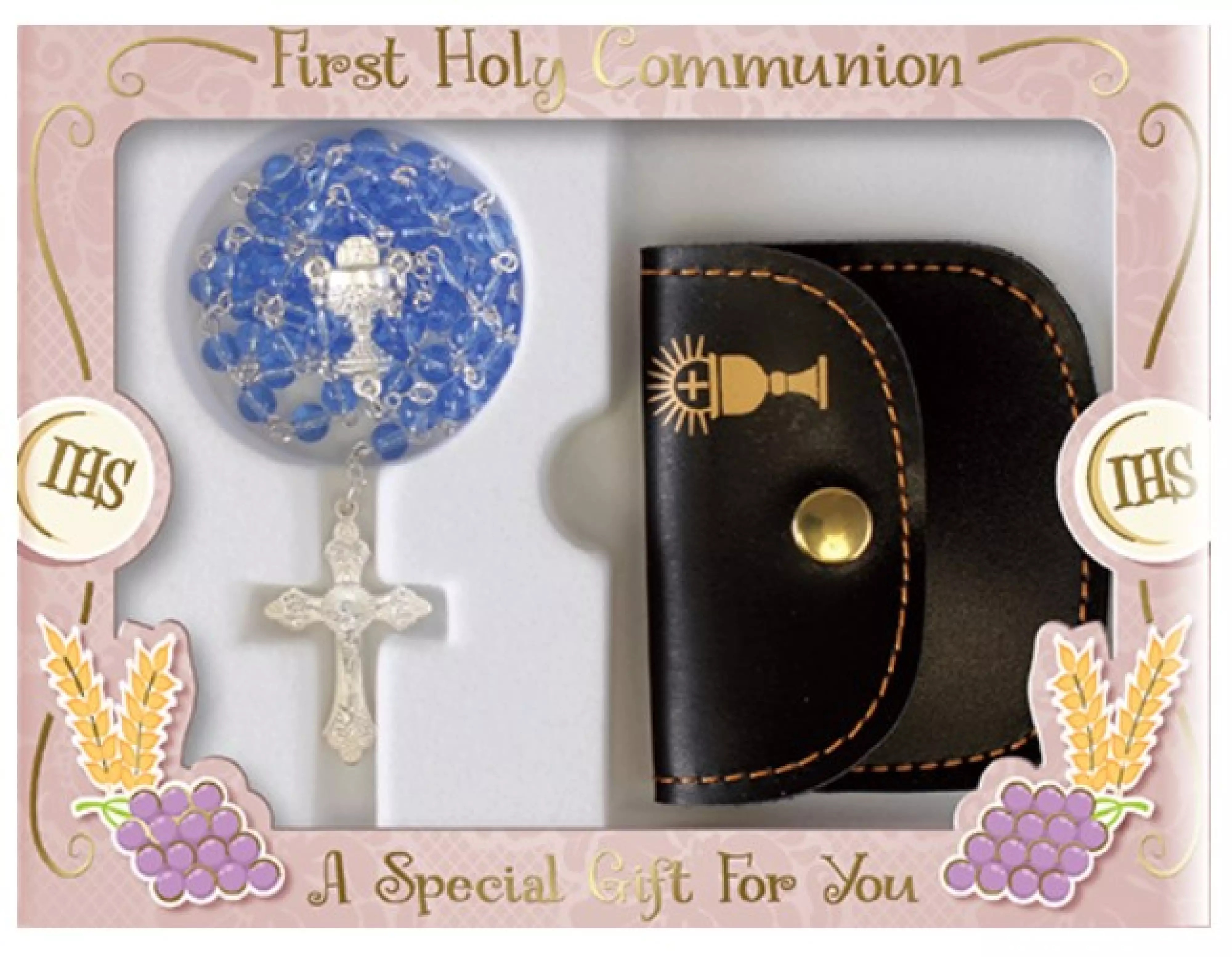Blue Communion Glass Rosary with Purse